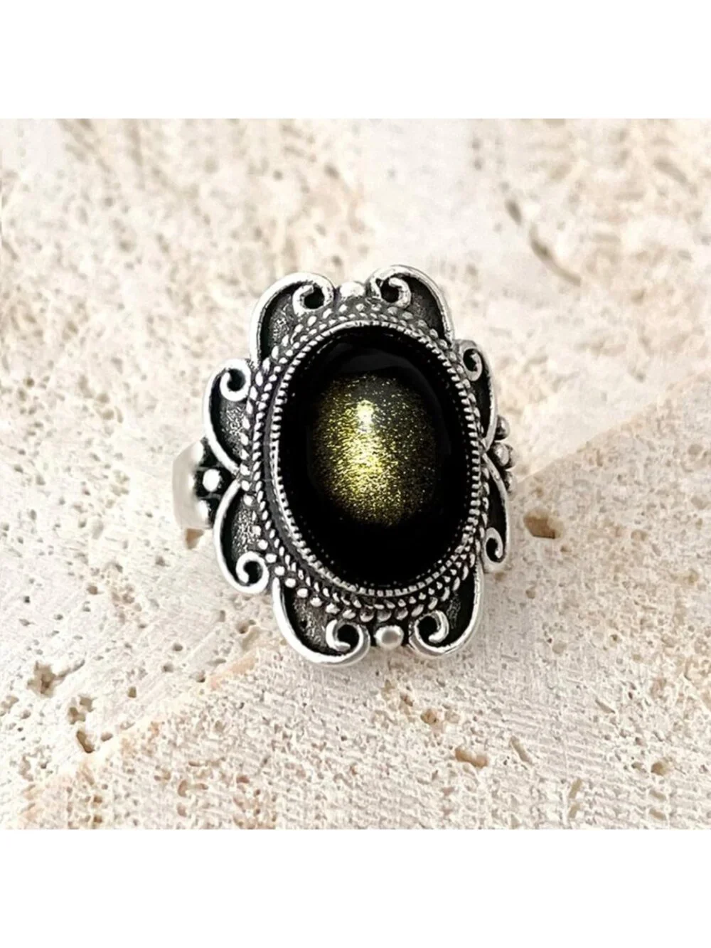 Vintage Black Obsidian Flower Ring for Women | S925 Sterling Silver Bohemian